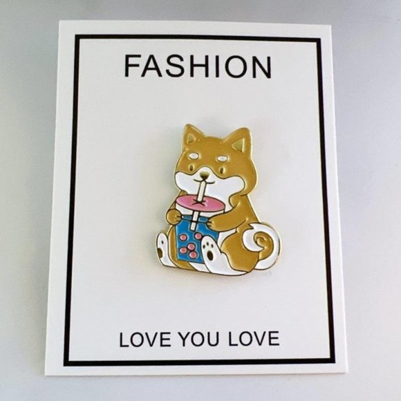 Corgi Pin Drinking Boba Corgi Enamel Pin - Picture 1 of 5